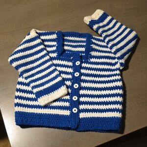 Handcrafted Blue & White Striped Crochet Baby Boy Cardigan